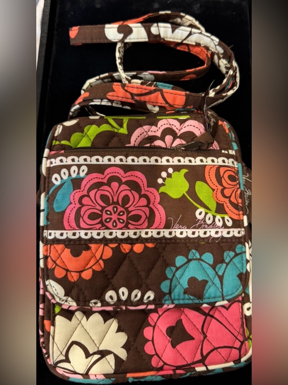 Vera Bradley Quilted “Lola” Crossbody Bag in Brown, Pink, Teal, Orange & Green